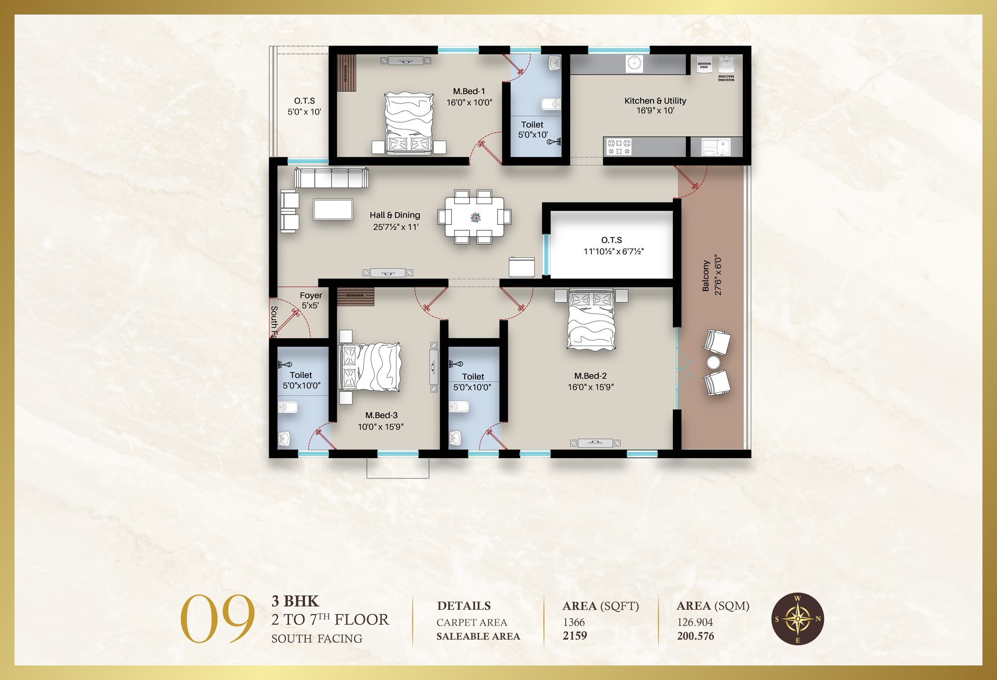 Beatriz Apartment 3BHK | South facing | 2159 sq-ft